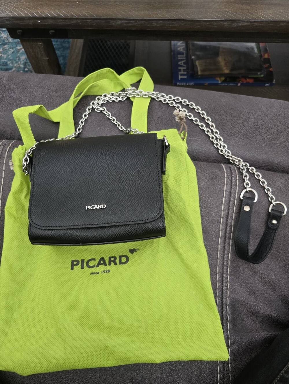 Picard Black Leather Crossbody with Silver Chain Strap